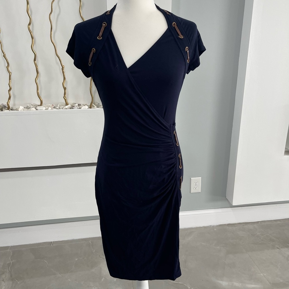 Carmen Marc Valvo Navy Wrap Dress with Buckle Details